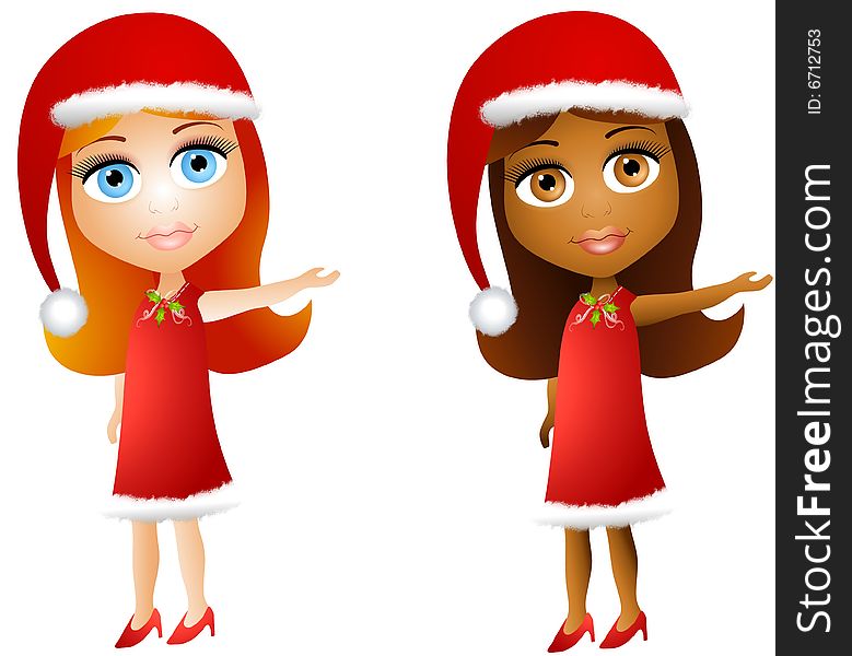 A clip art illustration featuring your choice of cute doll-faced girls wearing Christmas clothes. A clip art illustration featuring your choice of cute doll-faced girls wearing Christmas clothes