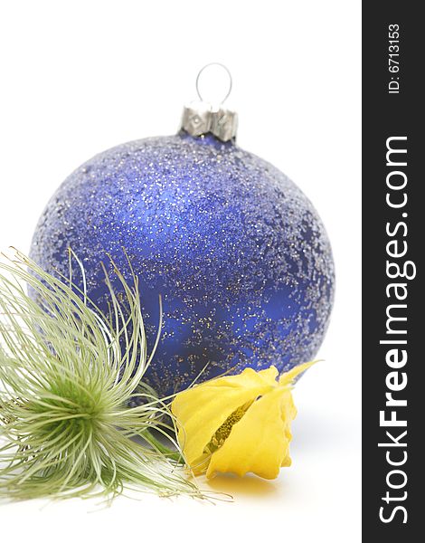Christmas blue ball with flovers on white background. Christmas blue ball with flovers on white background.