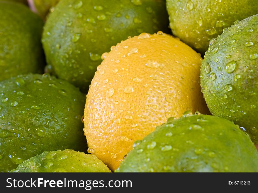 Lemon lime orange fruit set close up and water drops in the set. Lemon lime orange fruit set close up and water drops in the set