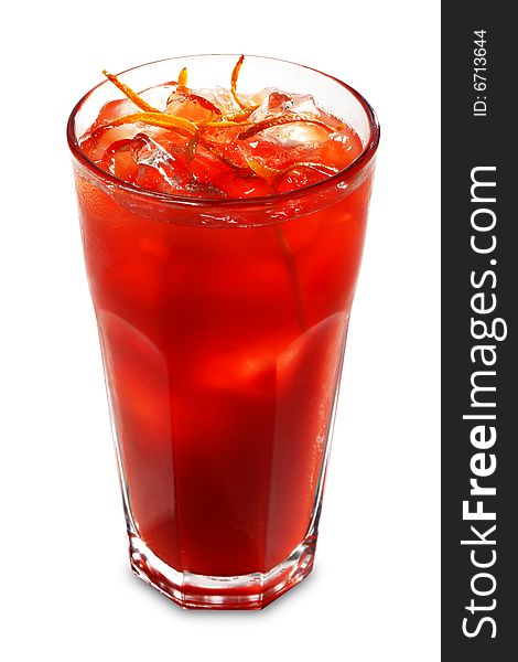 Red Alcoholic Cocktail with Rum and Liqueurs and Fruit Juice Served with Orange Rind. Isolated on White Background