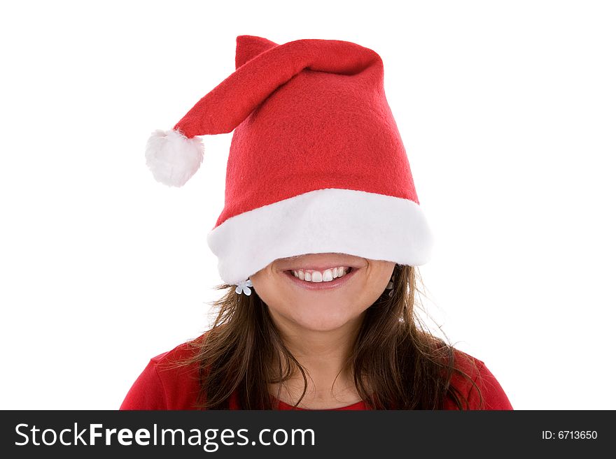 Young santa woman with red hat isolated on white background