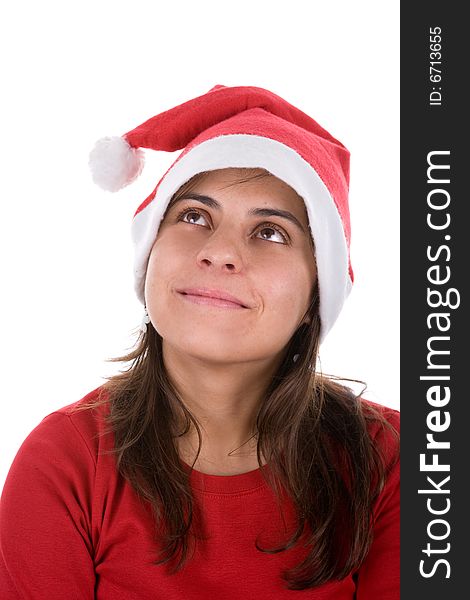 Young santa woman looking up isolated on white background