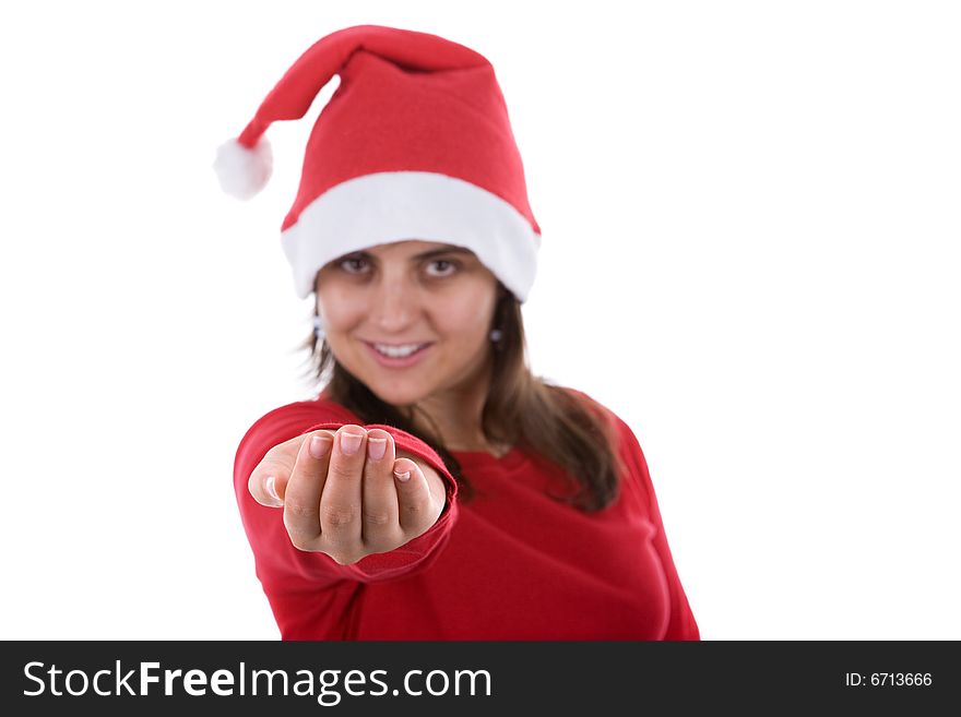 Beautiful young santa woman with her hand in holding position. Beautiful young santa woman with her hand in holding position