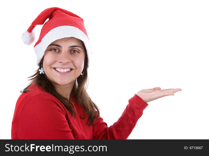 Young Santa Woman In Red With Hand In The Air