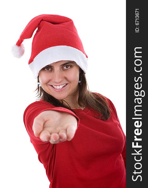 Young santa woman in red costume with hand in holding position isolated on white background. Young santa woman in red costume with hand in holding position isolated on white background