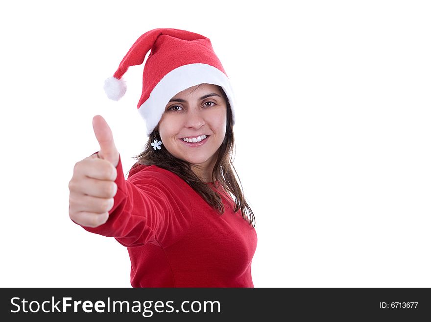 Beautiful santa woman in red costume with thum up isolated on white background