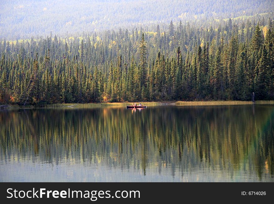 A canoes on a lake in Jasper National Park. A canoes on a lake in Jasper National Park