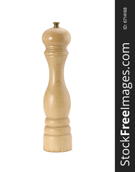 A wooden pepper mill on white background