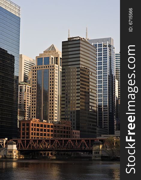 Lake Street bridge and downtown buildings along Chicago River