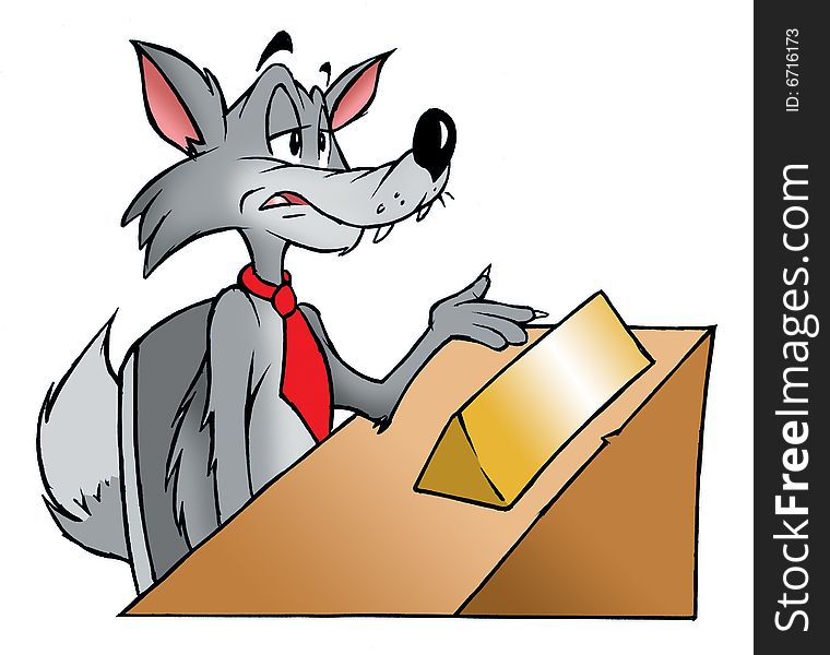 Cartoon illustration of a wolf at a desk. Cartoon illustration of a wolf at a desk