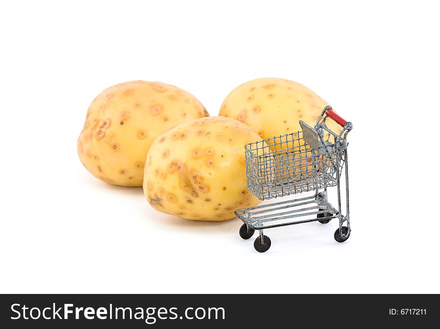 Golden Potatoes with Mini Shopping Card on White Background