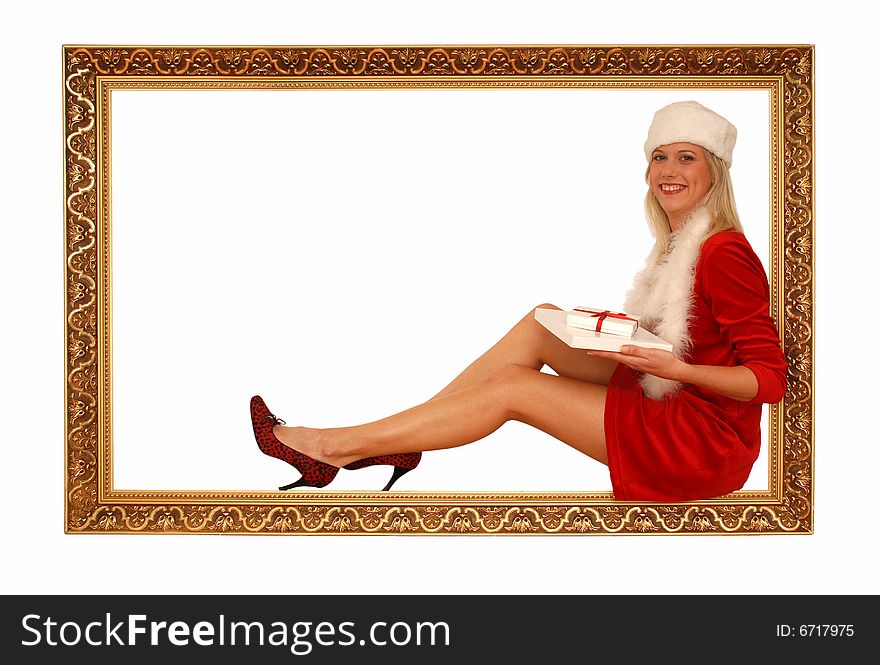 Woman sitting in frame with christmas presents in her arms. Woman sitting in frame with christmas presents in her arms