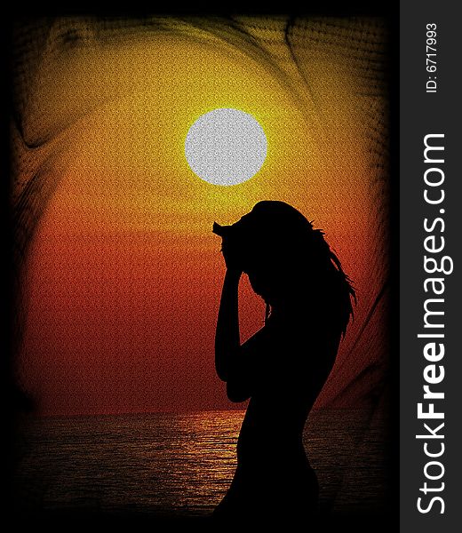 A wonderful background of a sunset and a silhouette of a woman. A wonderful background of a sunset and a silhouette of a woman