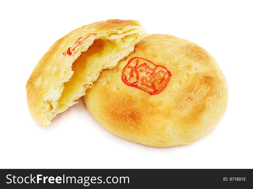 Close up of Chinese cream pastry isolated on white background.