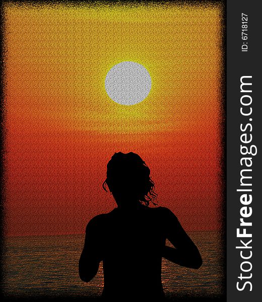 A wonderful illustration with a sunset on th sea and a silhouette of a pretty woman. A wonderful illustration with a sunset on th sea and a silhouette of a pretty woman