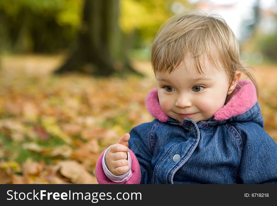 Happy baby girl playing in park with leaves. Happy baby girl playing in park with leaves