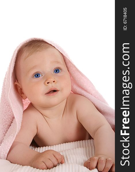 Happy child with  towel on  head, isolated on white background