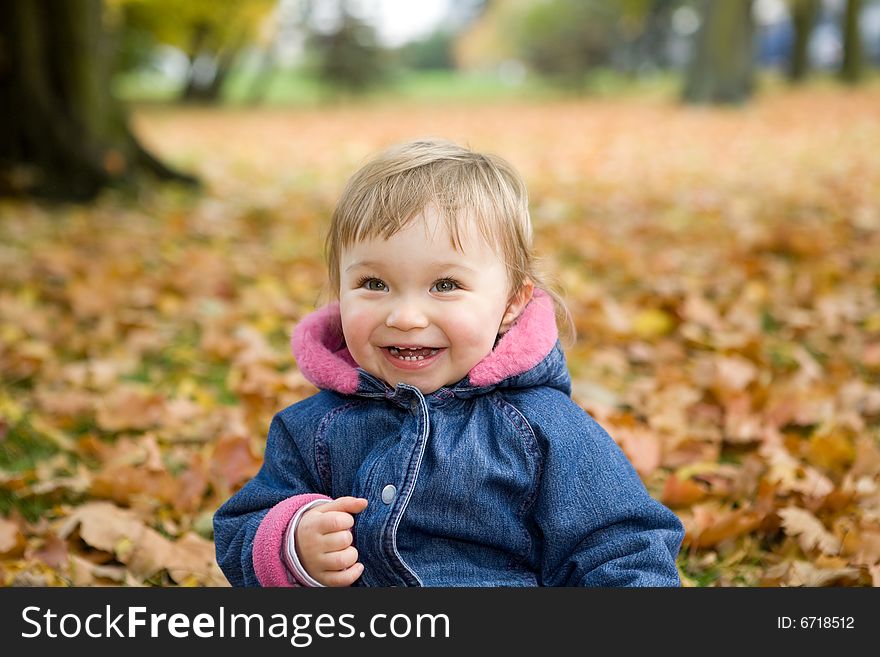 Happy baby girl playing in park with leaves. Happy baby girl playing in park with leaves