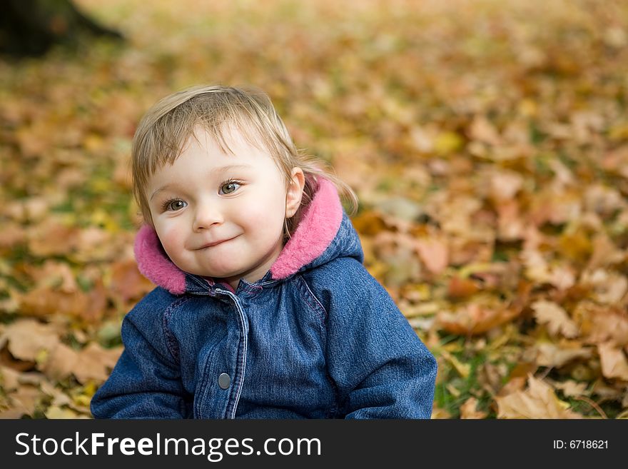 Happy baby girl playing in park with leaves. Happy baby girl playing in park with leaves