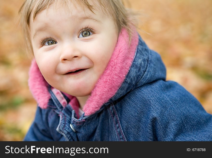 Happy baby girl playing in park with leaves. Happy baby girl playing in park with leaves