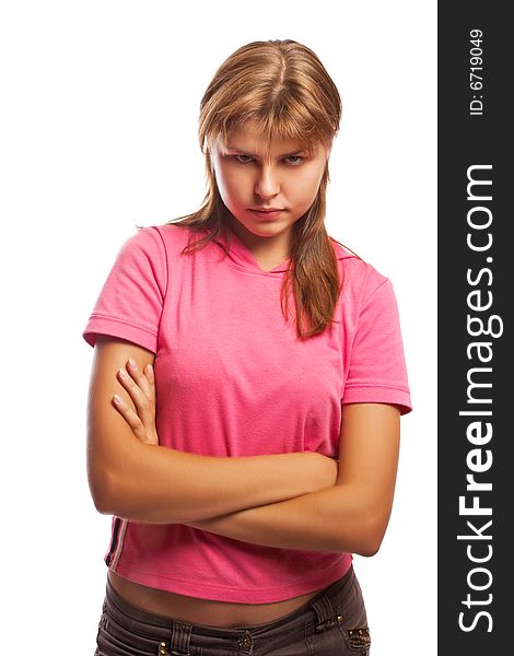 Angry young female, looking frowningly, isolated