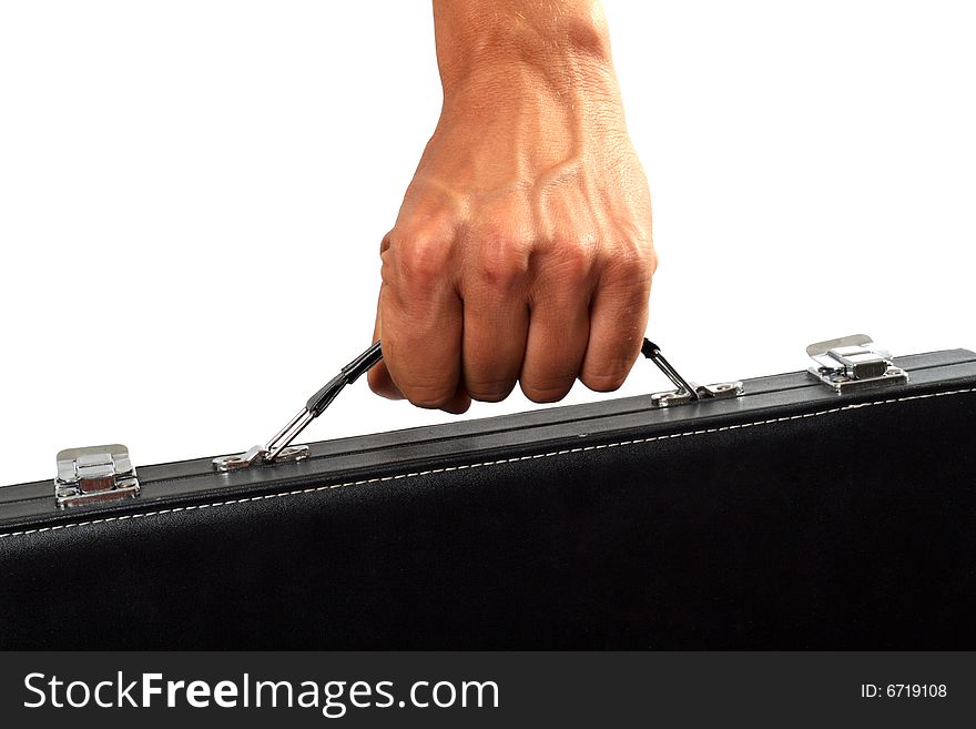 Hand with a black suitcase. Isolated on white