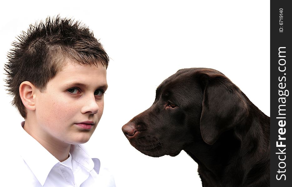 Head shot of a teenage boy and his labrador dog. Head shot of a teenage boy and his labrador dog