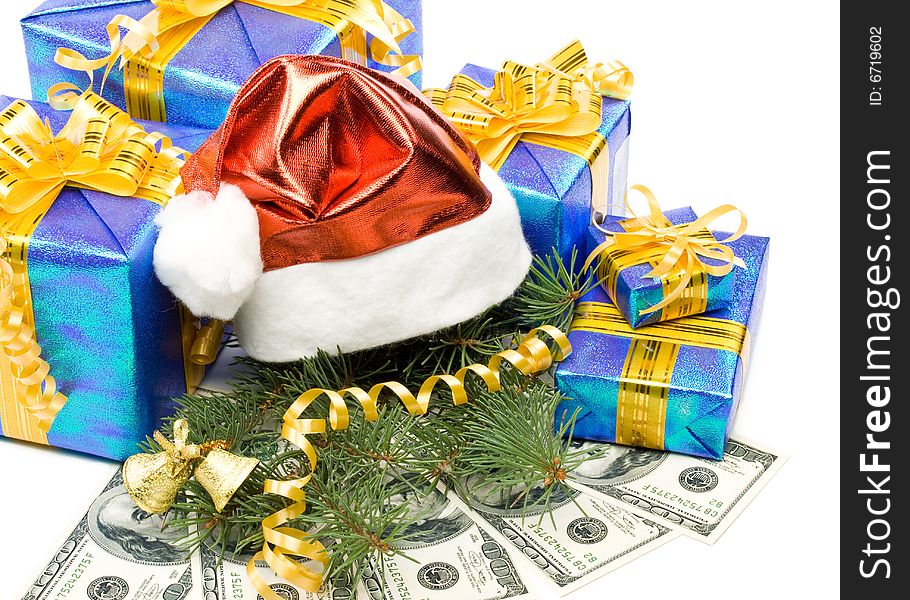 Santa s red hat, gift boxes and money