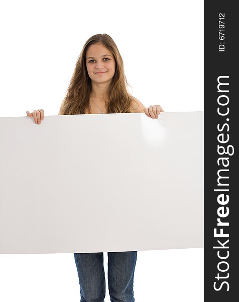 Young girl holding a white banner over a white background