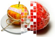 Collage Of Apple Surrounding Of Measuring Tape Tied With Twine A Stock Photography