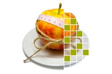 Collage Of Apple Surrounding Of Measuring Tape Tied With Twine W Stock Photo