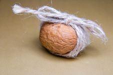 Walnut Tied With Twine On A Brown Background Front Light Stock Image Walnut Tied With Twine On A Brown Background Front Light Stock Image