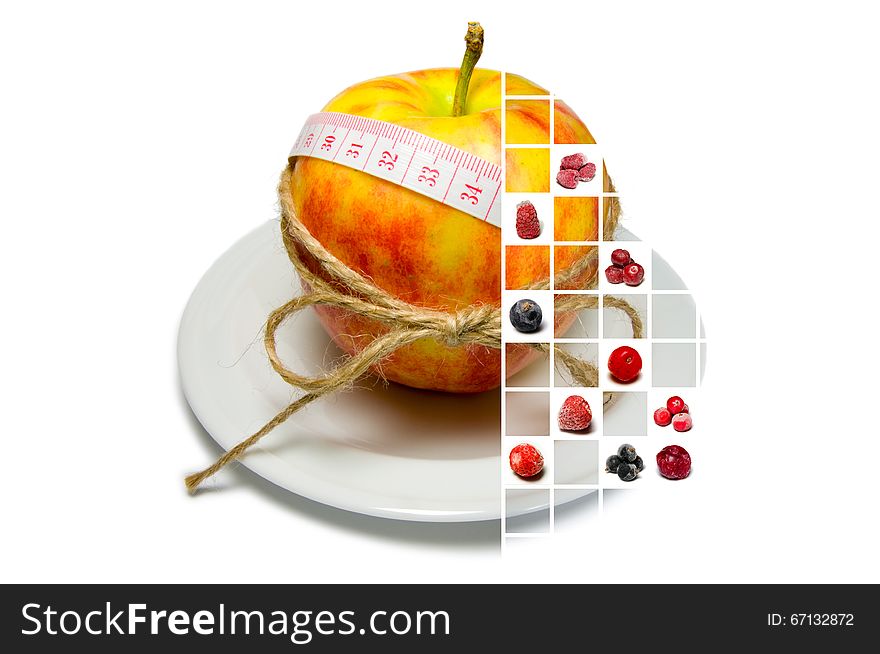 Collage of apple surrounding of measuring tape tied with twine a
