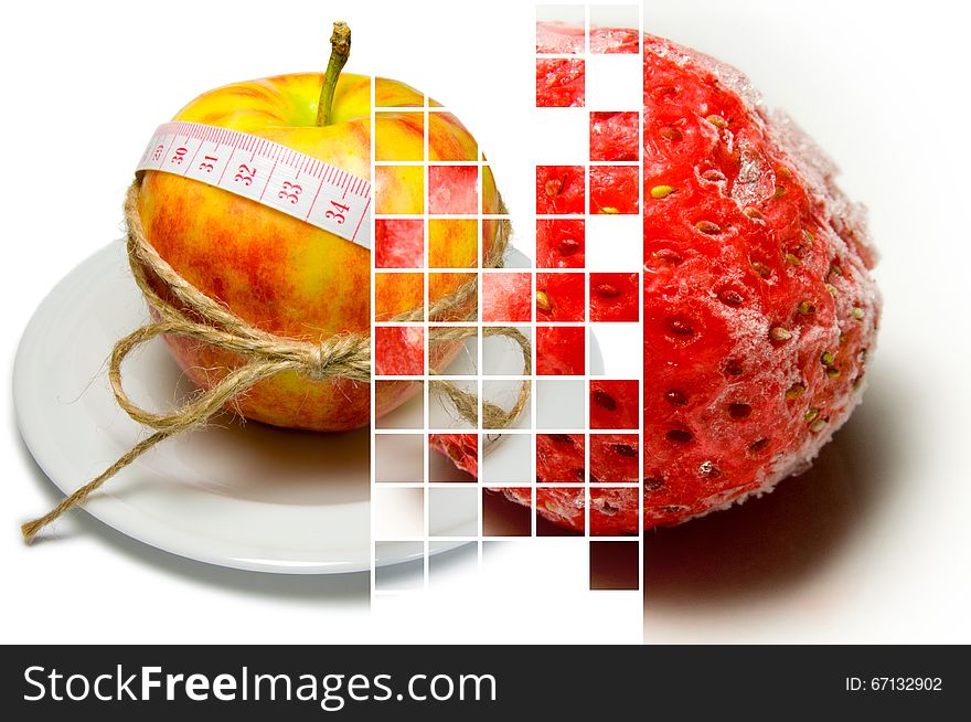 Collage of apple surrounding of measuring tape tied with twine and frozen strawberry closeup on different layers separated by mixing layers transparent squares. Red, Beige, White, Yellow, colors