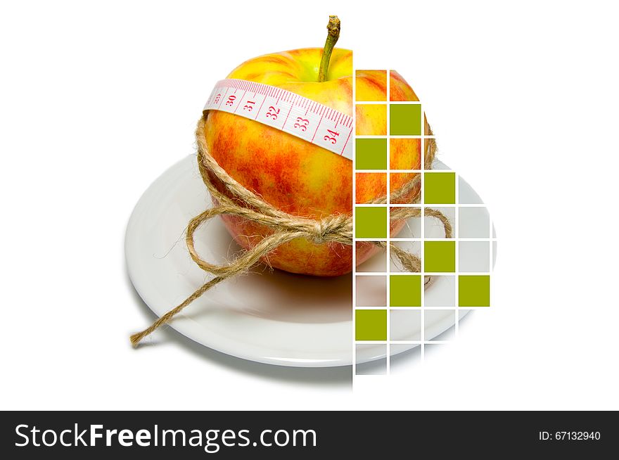 Collage of apple surrounding of measuring tape tied with twine with squares, some of them are covered with green. Red, Beige, White, Yellow, Green colors