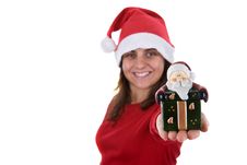 Santa Woman Holding Small Christmas Present Box Royalty Free Stock Photography