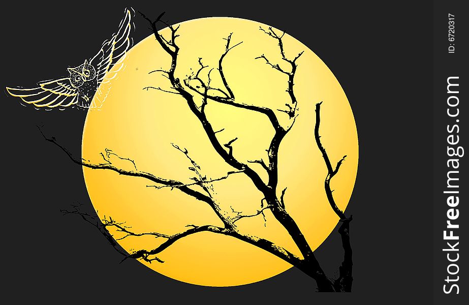 Tree and owl illustration with moon on black background