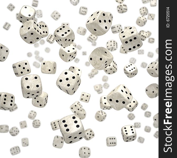 Nine falling dice on gray background