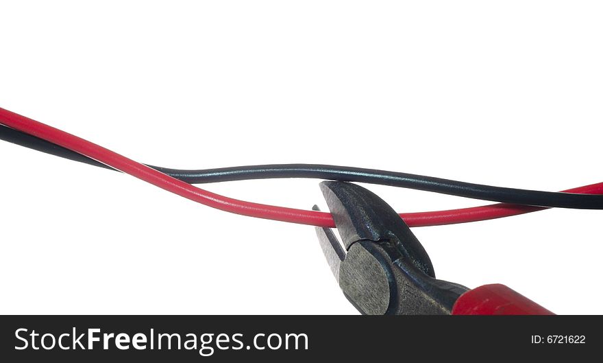 Red cable cutting on white