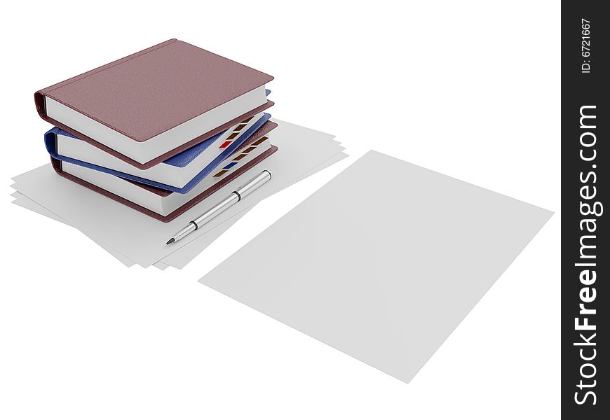 3d image of Books and Leafs. White background.