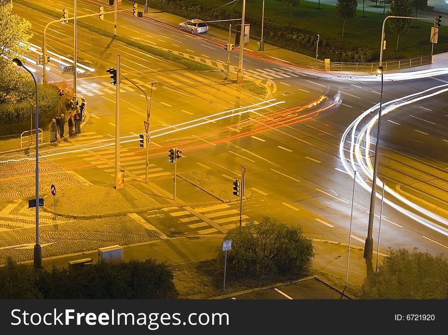 Night traffic on a crossroad in the city of Prague