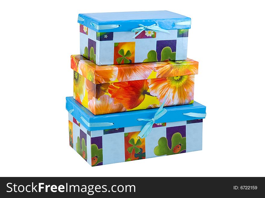 Multicoloured gift boxes on a white background