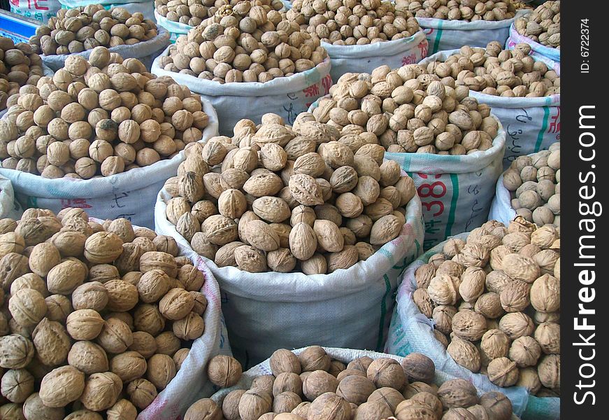 Baskets of nuts in a bazaar