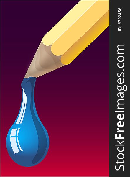 Vector illustration: a blue tempera drop falling from a pencil. Vector illustration: a blue tempera drop falling from a pencil