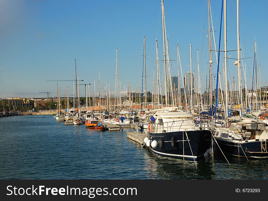 Yachts, facing the harbor in Barcelona, Spain