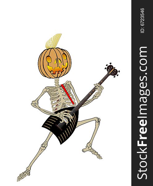 Pumpkin-headed skeleton, playing guitar. Pumpkin-headed skeleton, playing guitar.