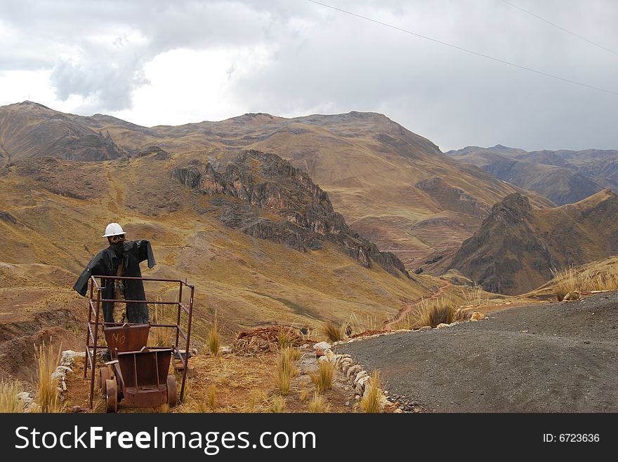 A scarecrow built near an abandoned mercury mine in Peru