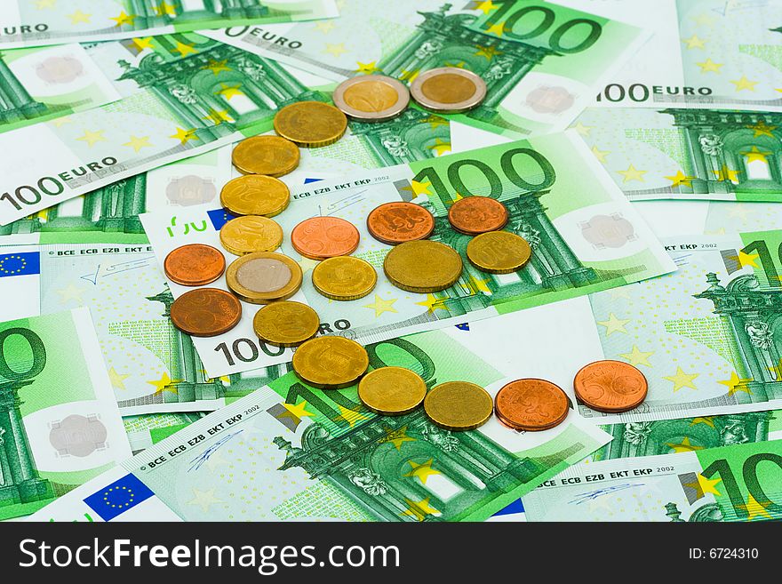 Euro coins and banknotes, abstract business background