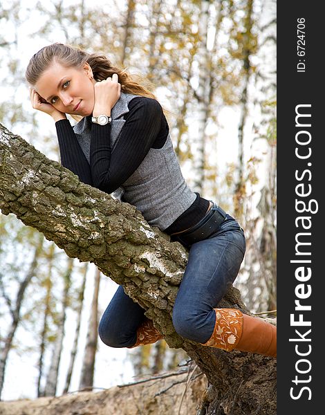 Young adult girl is sitting on birch trunk in autumnal park. Young adult girl is sitting on birch trunk in autumnal park