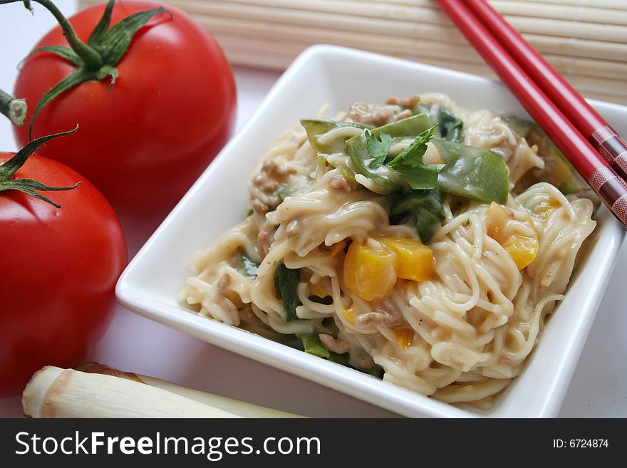 A fresh stew of asian noodles with vegetables. A fresh stew of asian noodles with vegetables
